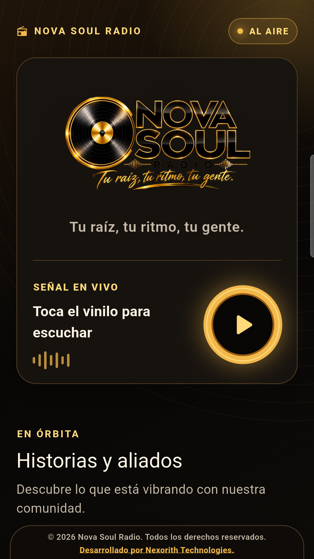 Pantalla de inicio de Nova Soul Radio para Android, con el reproductor en vivo